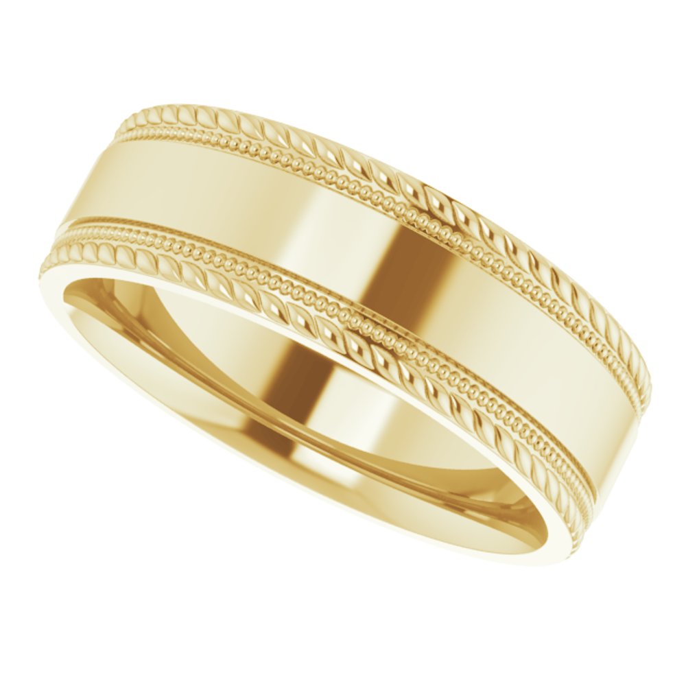 14K Yellow Gold 7 mm Milgrain & Rope Stepped-Edge Comfort-Fit Flat Band Size 8