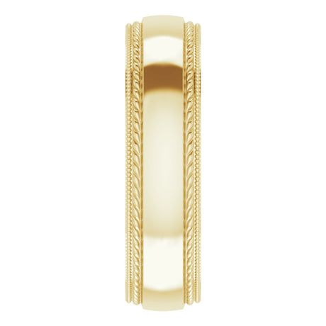 14K Yellow Gold 6 mm Rope & Milgrain Stepped-Edge Comfort-Fit Half Round Band Size 10