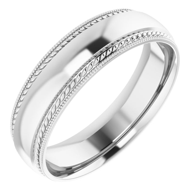 14K White 6 mm Rope & Milgrain Stepped-Edge Comfort-Fit Half Round Band Size 10