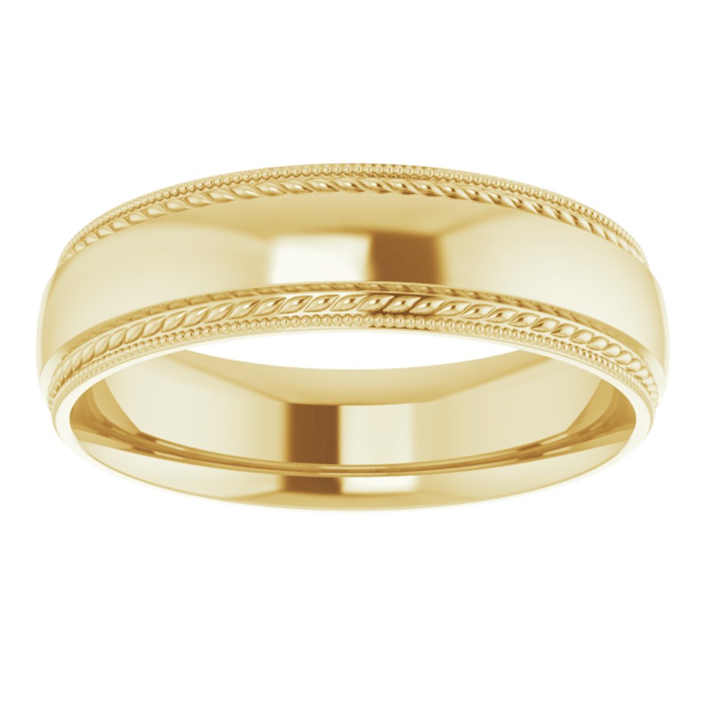 14K Yellow Gold 6 mm Rope & Milgrain Stepped-Edge Comfort-Fit Half Round Band Size 12