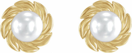14K Yellow Gold Cultured White Akoya Pearl Leaf Earrings