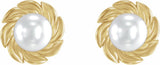 14K Yellow Gold Cultured White Akoya Pearl Leaf Earrings