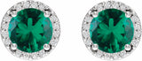 14K White Lab-Grown Emerald & 1/10 CTW Natural Diamond Halo-Style Earrings