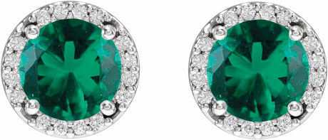 14K White Lab-Grown Emerald & 1/10 CTW Natural Diamond Halo-Style Earrings