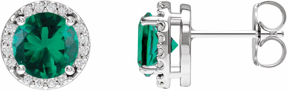 14K White Lab-Grown Emerald & 1/10 CTW Natural Diamond Halo-Style Earrings