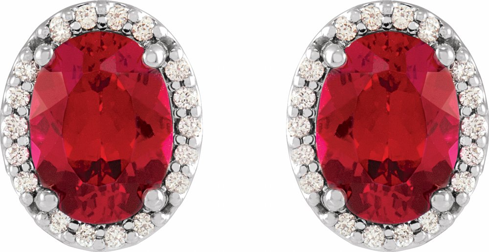 14K White 5x3 mm Lab-Grown Ruby & .04 CTW Natural Diamond Halo-Style Earrings