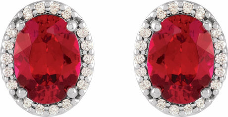14K White 5x3 mm Lab-Grown Ruby & .04 CTW Natural Diamond Halo-Style Earrings