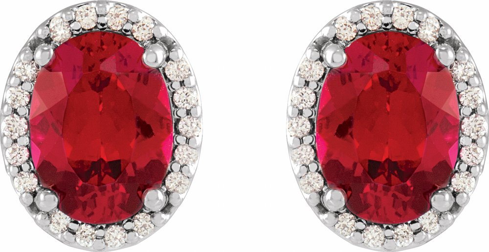14K White 5x3 mm Lab-Grown Ruby & .04 CTW Natural Diamond Halo-Style Earrings