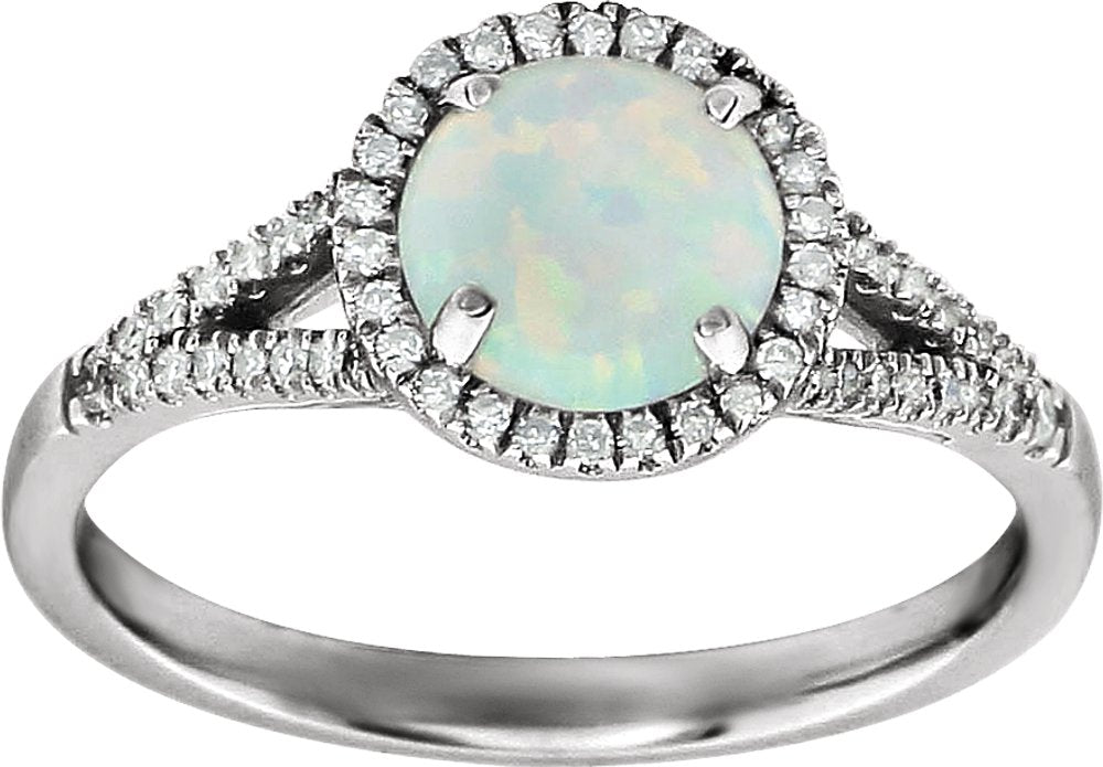 14K White Created Opal & 1/6 CTW Natural Diamond Ring