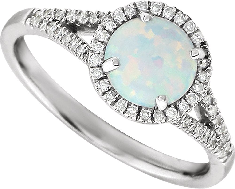 14K White Created Opal & 1/6 CTW Natural Diamond Ring