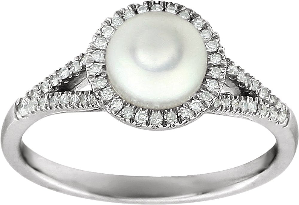 14K White Cultured White Freshwater Pearl & 1/6 CTW Natural Diamond Ring