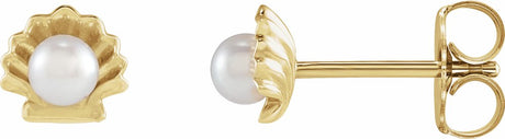 14K Yellow Gold Cultured White Seed Pearl Shell Earrings