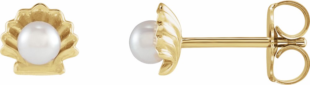 14K Yellow Cultured White Seed Pearl Shell Earrings