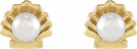 14K Yellow Gold Cultured White Seed Pearl Shell Earrings