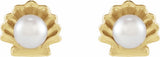 14K Yellow Gold Cultured White Seed Pearl Shell Earrings