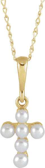 14K Yellow Gold Cultured White Seed Pearl Youth Cross 16" Necklace