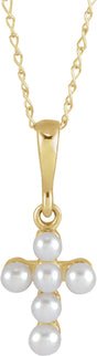 14K Yellow Gold Cultured White Seed Pearl Youth Cross 16" Necklace
