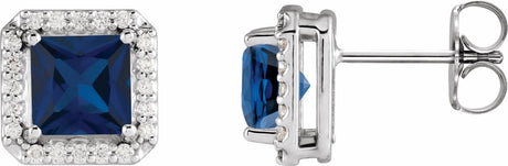 14K White Gold 5x5 mm Lab-Grown Blue Sapphire 1/6 CTW Natural Diamond Halo-Style Earrings