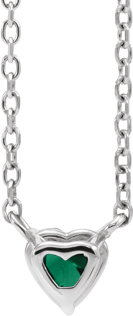 14K White Gold Lab-Grown Emerald Heart 16-18" Necklace