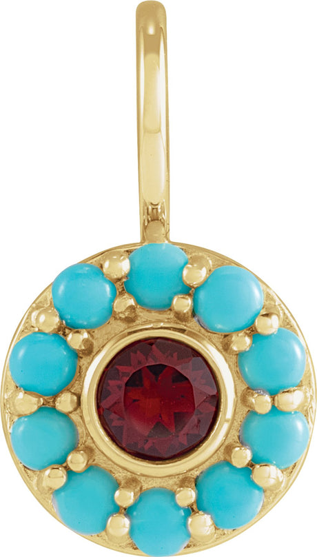 14K Yellow Gold Natural Mozambique Garnet & Natural Turquoise Halo-Style Charm/Pendant