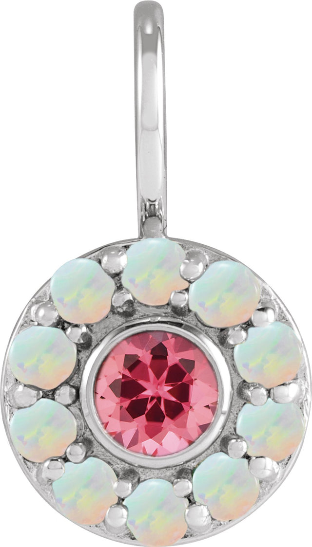 14K White Natural Pink Spinel & Natural White Opal Halo-Style Charm/Pendant