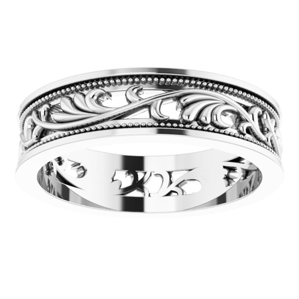 10K White Gold 6.4 mm Milgrain Sculptural Flat Band Size 11.5