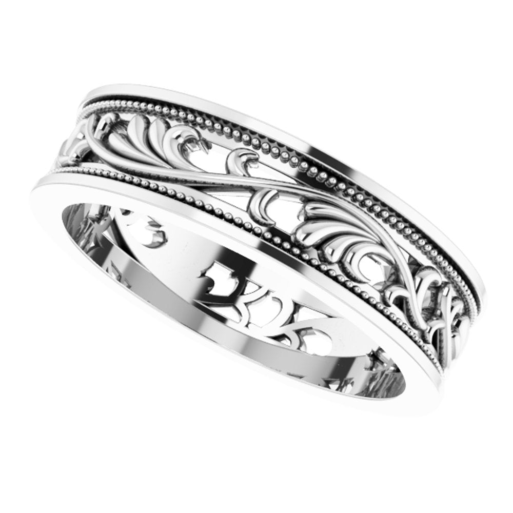 10K White Gold 6.4 mm Milgrain Sculptural Flat Band Size 11.5