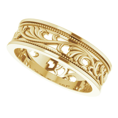 14K Yellow Gold 6.4 mm Milgrain Sculptural Flat Band Size 9
