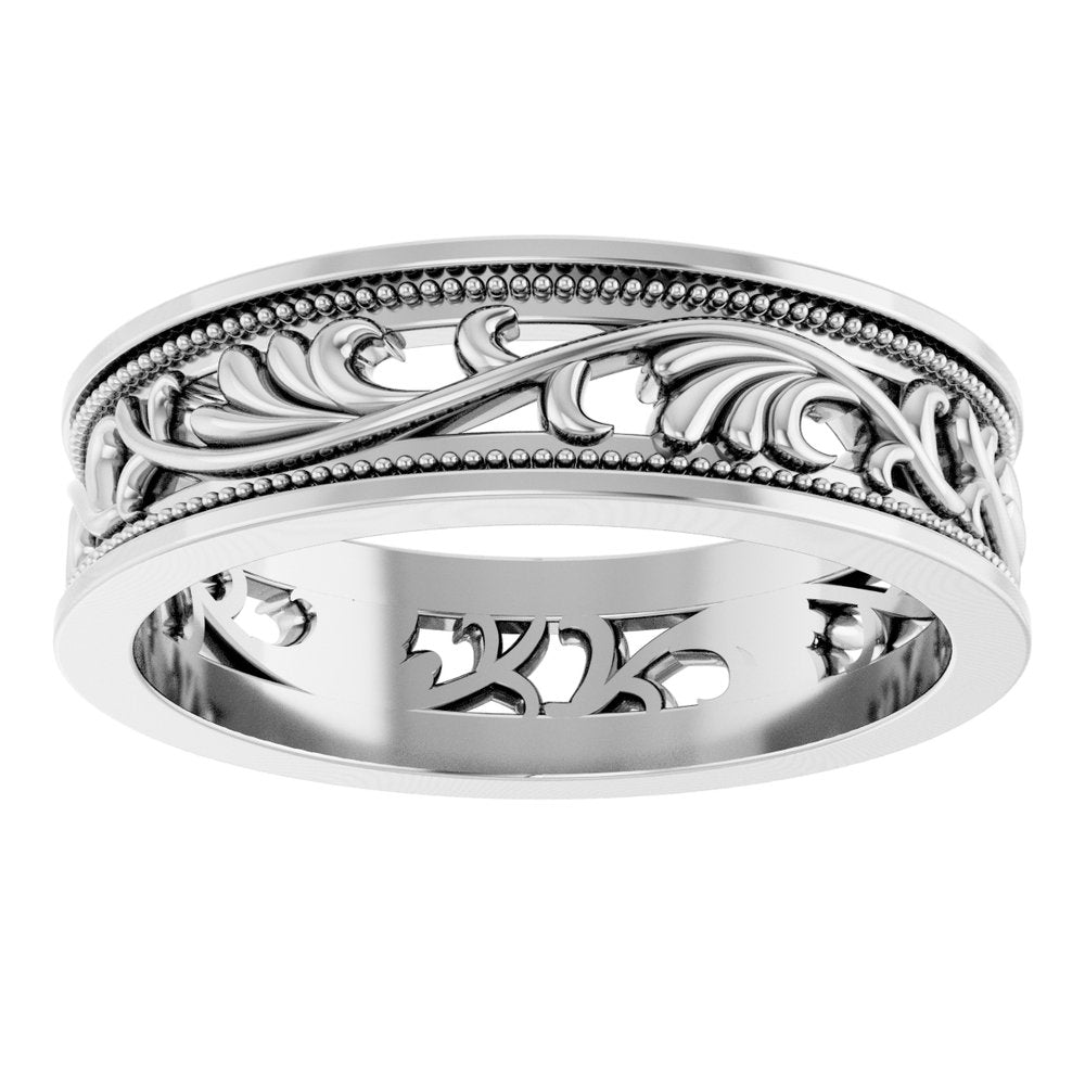 14K White Gold 6.4 mm Milgrain Sculptural Flat Band Size 10