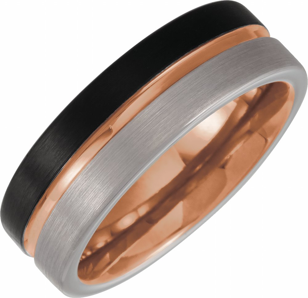 18K Rose Gold PVD & Black PVD Tungsten 8 mm Grooved Comfort-Fit Flat Band Size 7