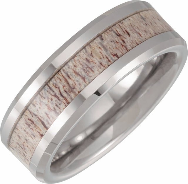 Tungsten 8 mm Beveled-Edge Velvet Antler Wood Inlay Comfort-Fit Flat Band Size 7