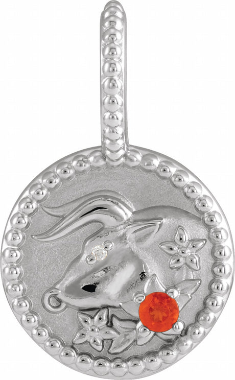 Sterling Silver Natural Mexican Fire Opal & .0025 CTW Natural Diamond Taurus Charm/Pendant