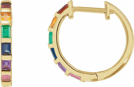 14K Yellow Natural Multi-Gemstone Rainbow Hoop Earrings