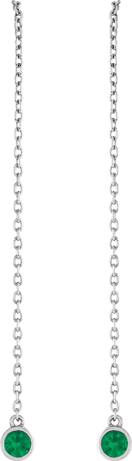 14K White Natural Emerald Chain Earrings