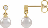 14K Yellow Cultured White Akoya Pearl & .06 CTW Natural Diamond Earrings