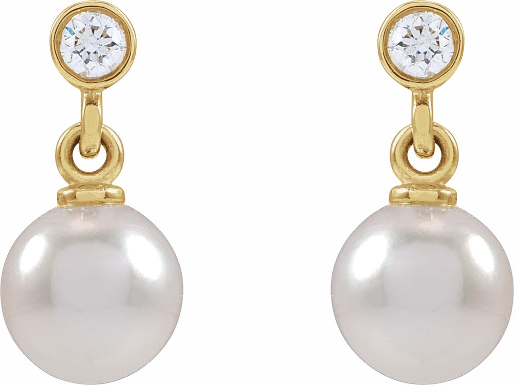 14K Yellow Cultured White Akoya Pearl & .06 CTW Natural Diamond Earrings