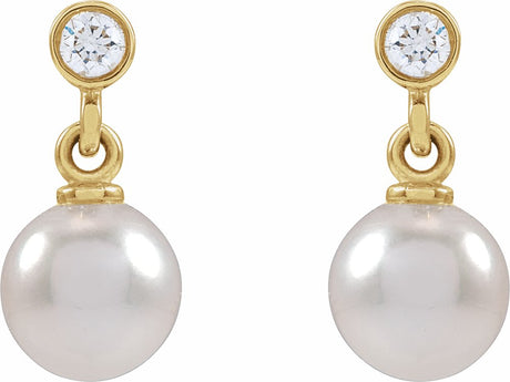 14K Yellow Cultured White Akoya Pearl & .06 CTW Natural Diamond Earrings