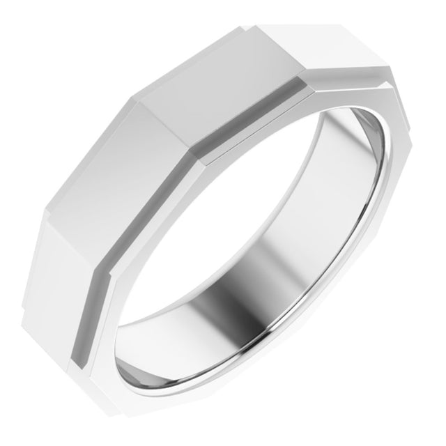 14K White 6 mm Stepped-Edge Geometric Half Round Band Size 10