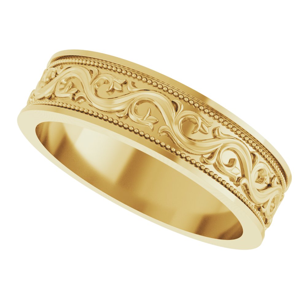 14K Yellow 6 mm Milgrain Sculptural Flat Band Size 10