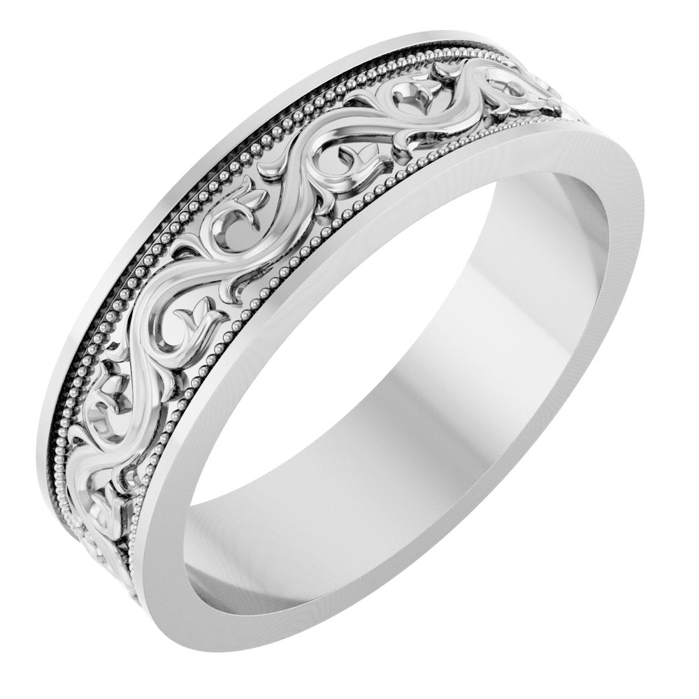 10K White Gold 6 mm Milgrain Sculptural Flat Band Size 10