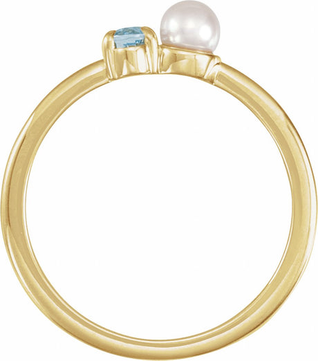 14K Yellow Natural Aquamarine & Cultured White Akoya Pearl Ring