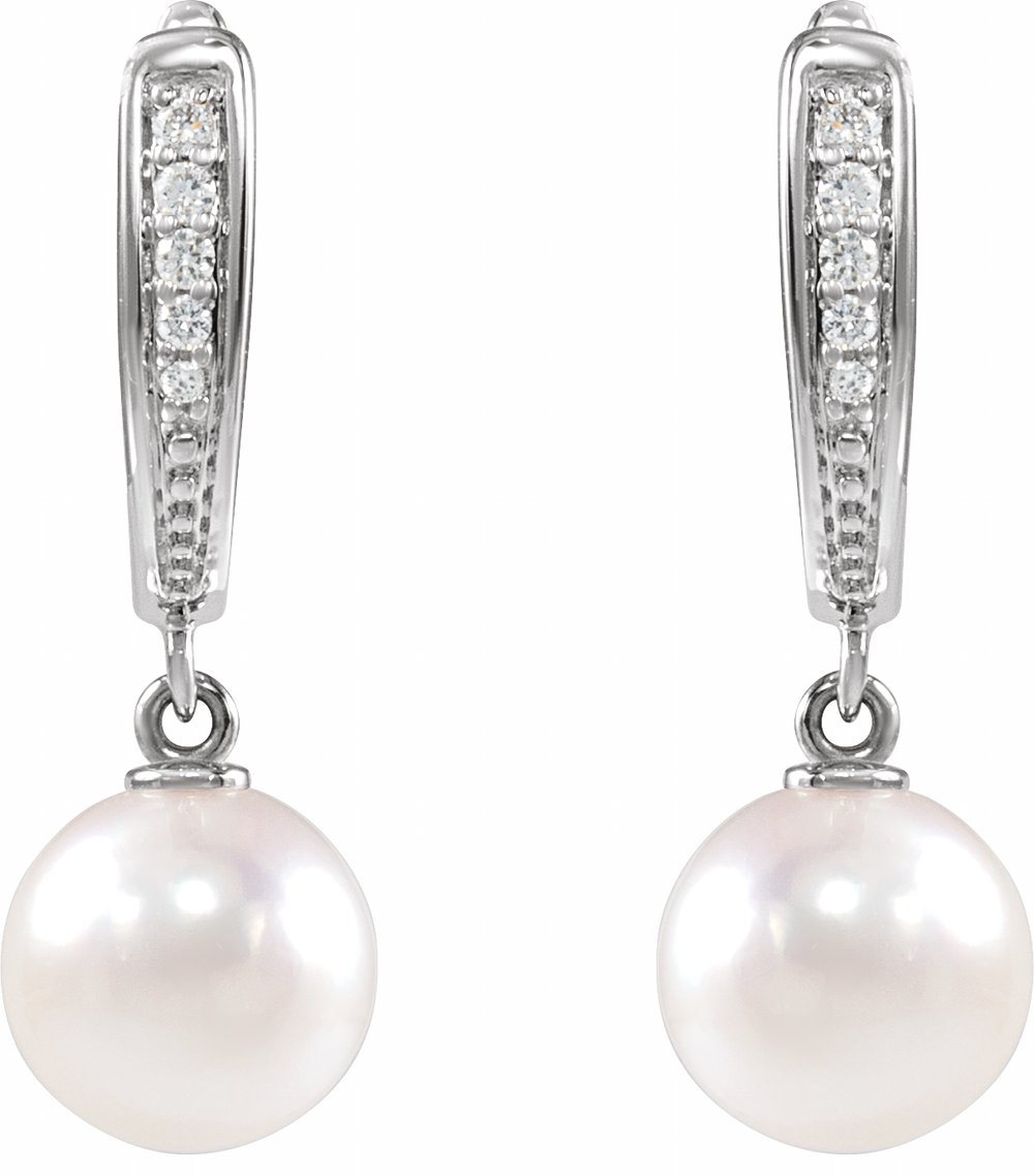 14K White Cultured White Akoya Pearl & .03 CTW Natural Diamond Earrings