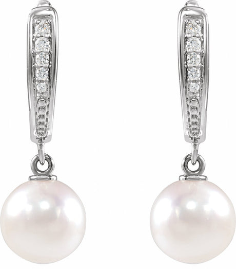 14K White Cultured White Akoya Pearl & .03 CTW Natural Diamond Earrings