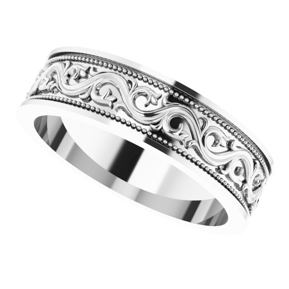 14K White Gold 6 mm Milgrain Sculptural Flat Band Size 9.5