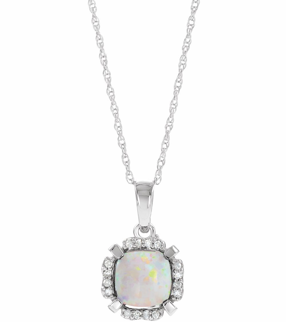 14K White Gold Lab-Grown White Opal & .04 CTW Natural Diamond 18" Necklace