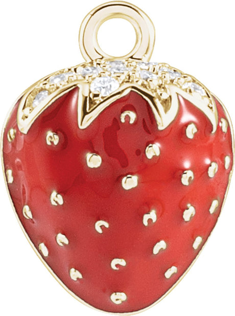 14K Yellow Petite Pavé™ .04 CTW Natural Diamond Red Enamel Strawberry Dangle