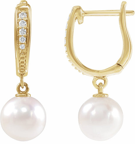 14K Yellow Cultured White Akoya Pearl & .03 CTW Natural Diamond Earrings