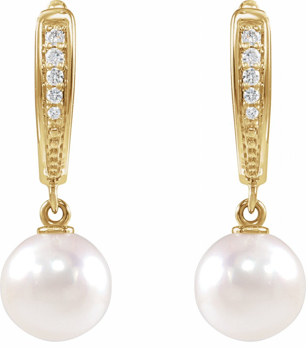 14K Yellow Cultured White Akoya Pearl & .03 CTW Natural Diamond Earrings