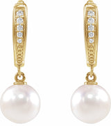 14K Yellow Cultured White Akoya Pearl & .03 CTW Natural Diamond Earrings