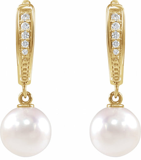 14K Yellow Cultured White Akoya Pearl & .03 CTW Natural Diamond Earrings